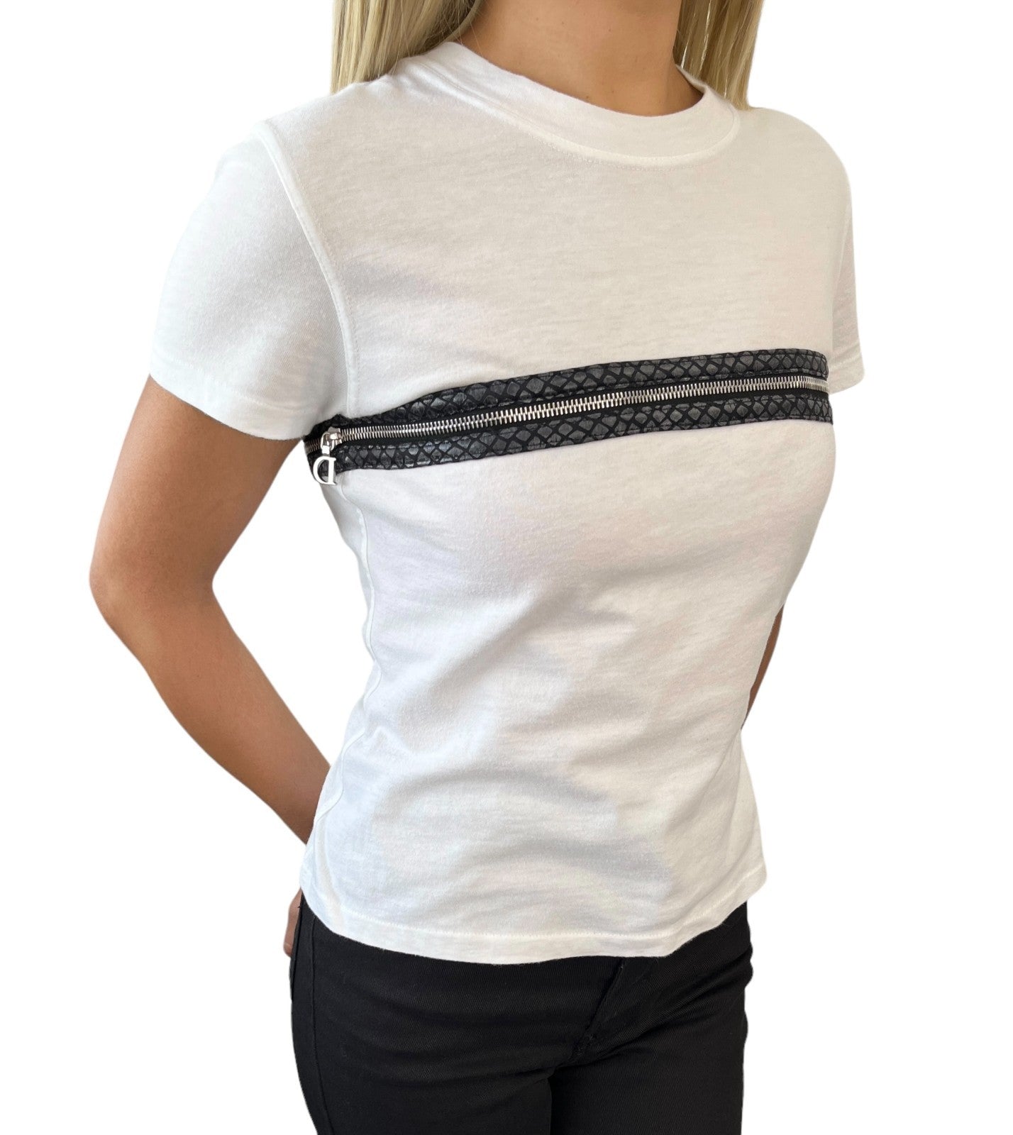 Christian Dior Vintage 2001 Zip T-shirt Top #38 White Cotton Shortsleeve