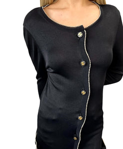 CHANEL Vintage CC Logo Knit Long Cardigan Button Black White Dress Cotton Blend