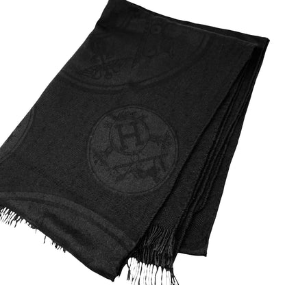 HERMES Vintage New Libris H Logo Cashmere Scarf Wrap Shawl Black 902811