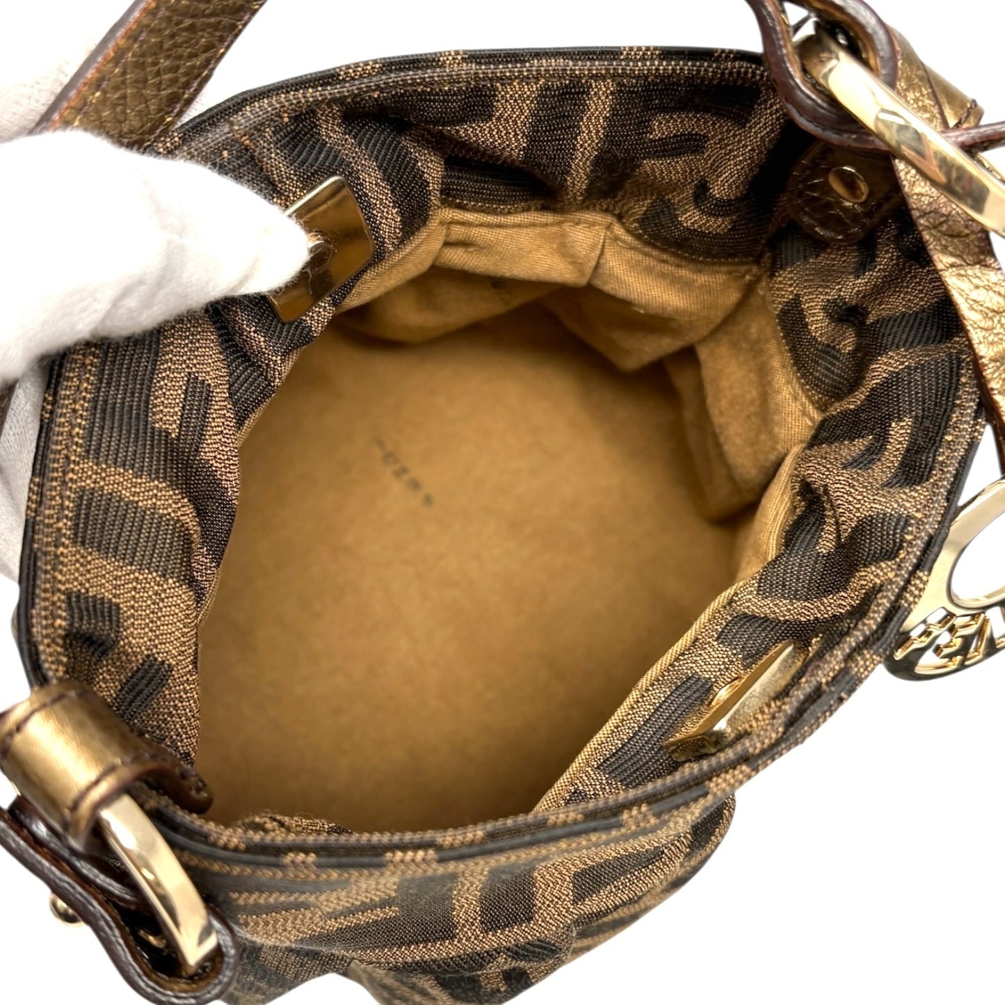 FENDI Vintage FF Logo Charm Zucca Canvas Mini Chef Hobo Tote Bag Brown Black