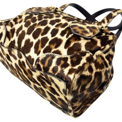 PRADA Vintage Leopard Pony Calf Hair Shoulder Top Handle Bag Cream Brown 902393