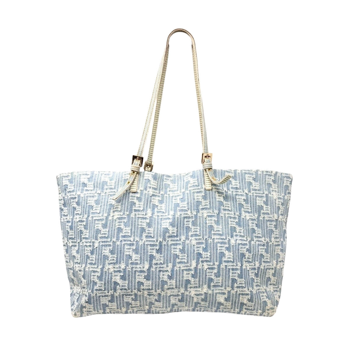 FENDI Vintage Zucca Monogram Denim Shoulder Tote Large Bag Blue FF Logo