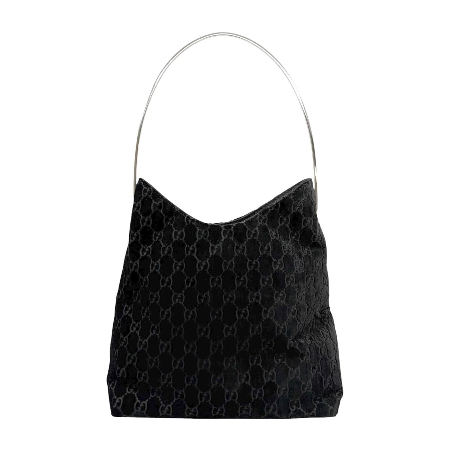 GUCCI Vintage GG Monogram Logo Velour Shoulder Bag Black Silver Handle 902088