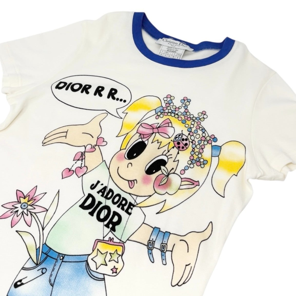Christian Dior Vintage 2005 J'ADORE Cartoon T-shirt Top #40 White Multicolor