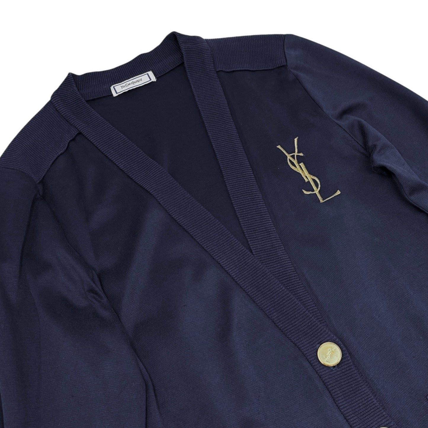 Yves Saint Laurent Vintage YSL Logo Cardigan Top #M Blue Gold Sweater 902072