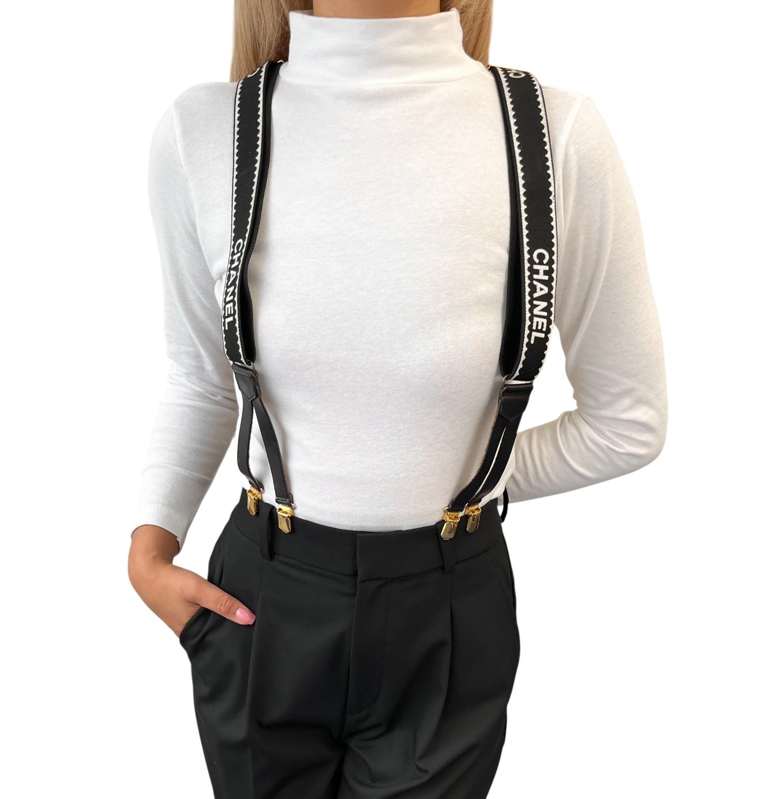 CHANEL Vintage 1994 CC Logo Letter Suspender Belt Black White Cotton Leather