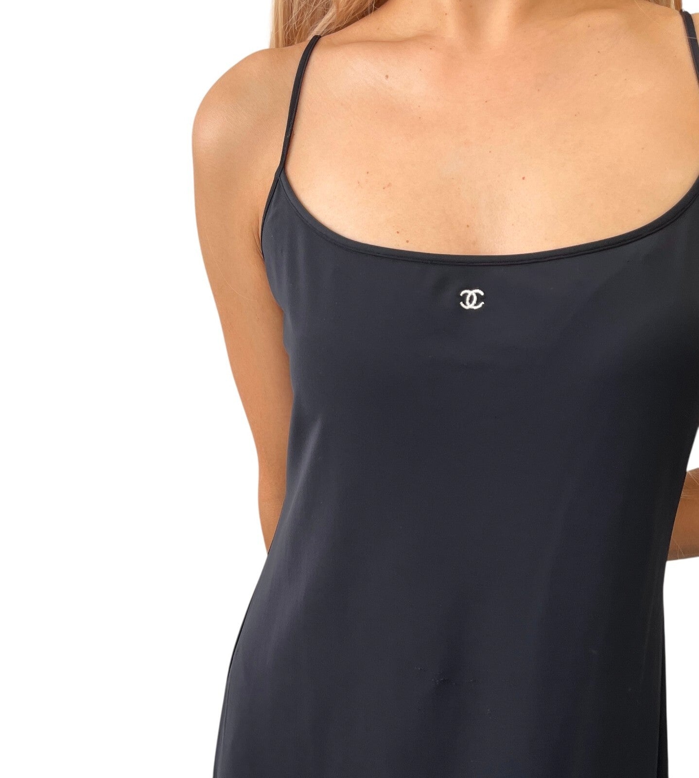 CHANEL Vintage 97C CC Mark Logo Camisole Dress #44 One-piece Black Nylon