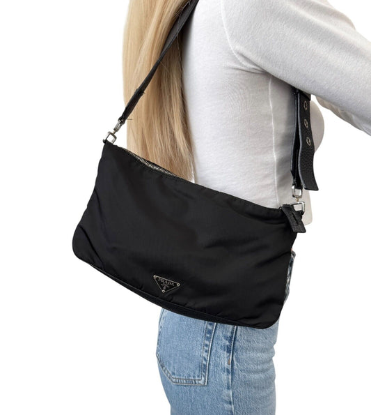 PRADA Vintage Logo Shoulder Bag Zip Padlock Black Silver Nylon Leather