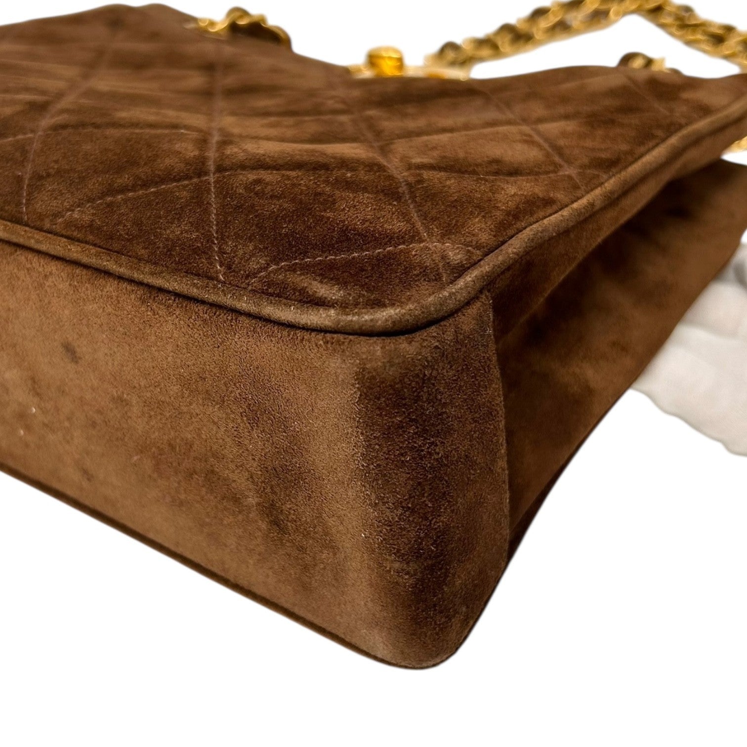 CHANEL Vintage CC Logo Matelasse Chain Shoulder Bag Turnlock Brown Gold Suede