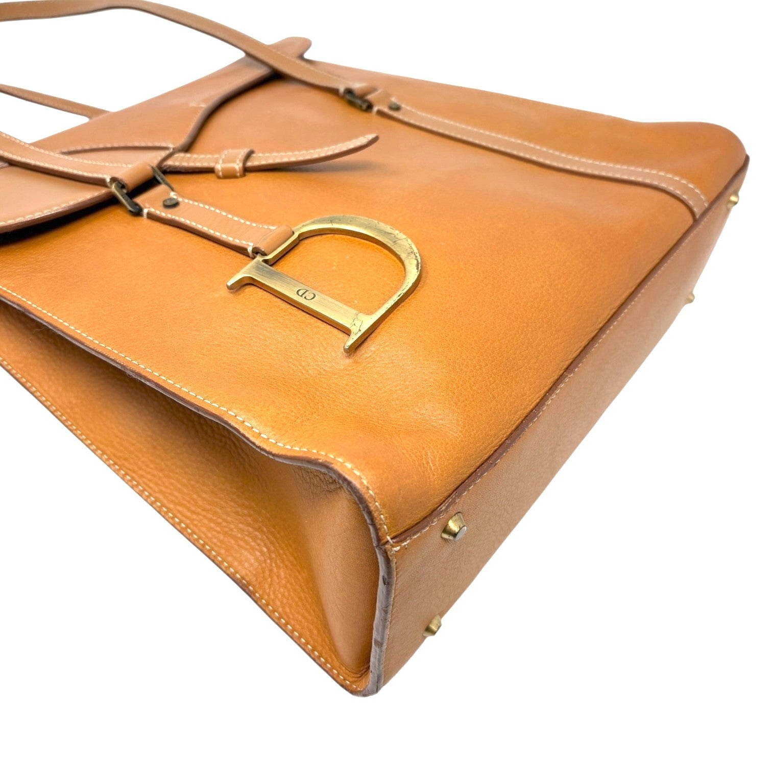 Christian Dior Vintage 2002 Logo Saddle Shoulder Tote Bag Camel Gold Leather