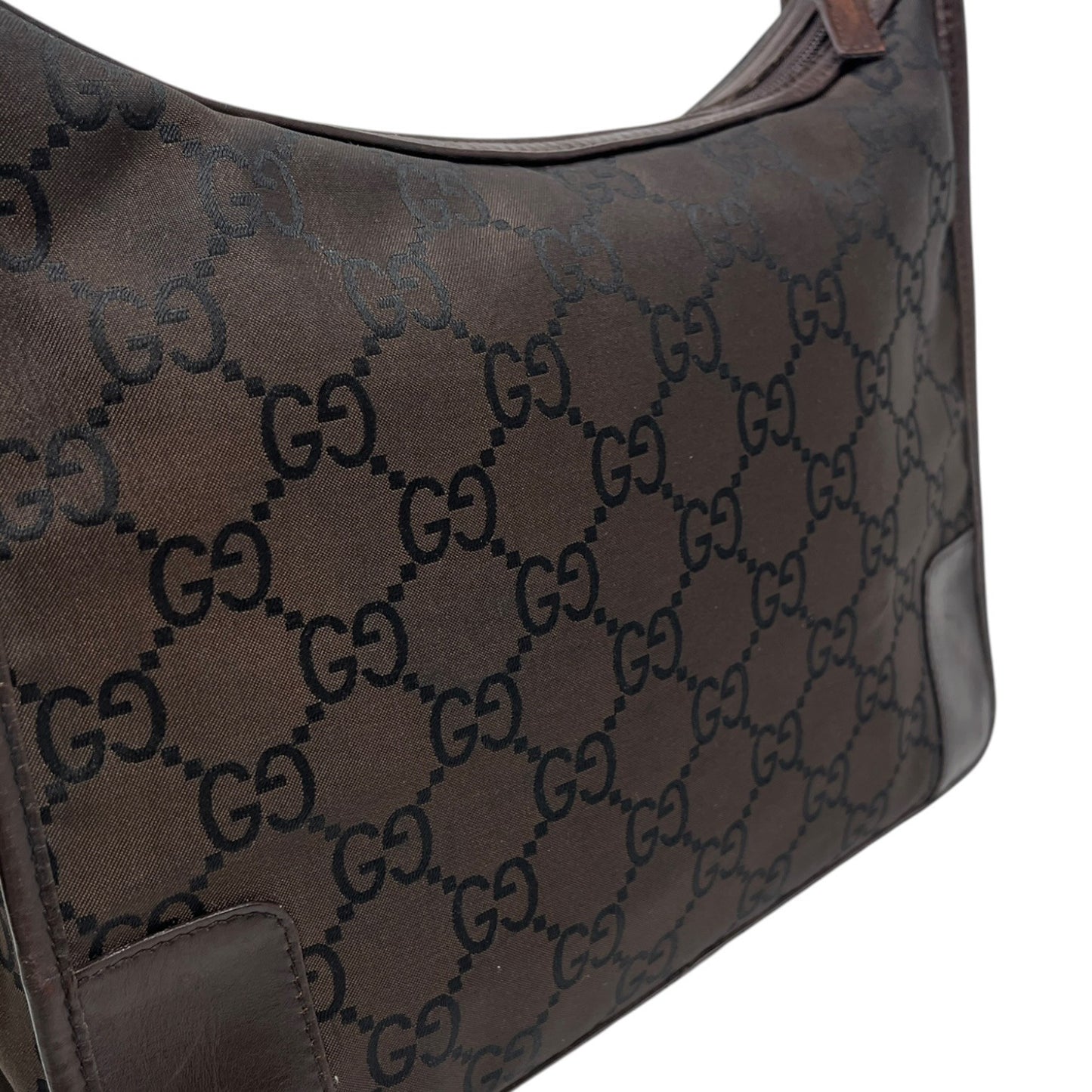 GUCCI Vintage GG Monogram Hobo Shoulder Bag Brown Nylon Leather 902271