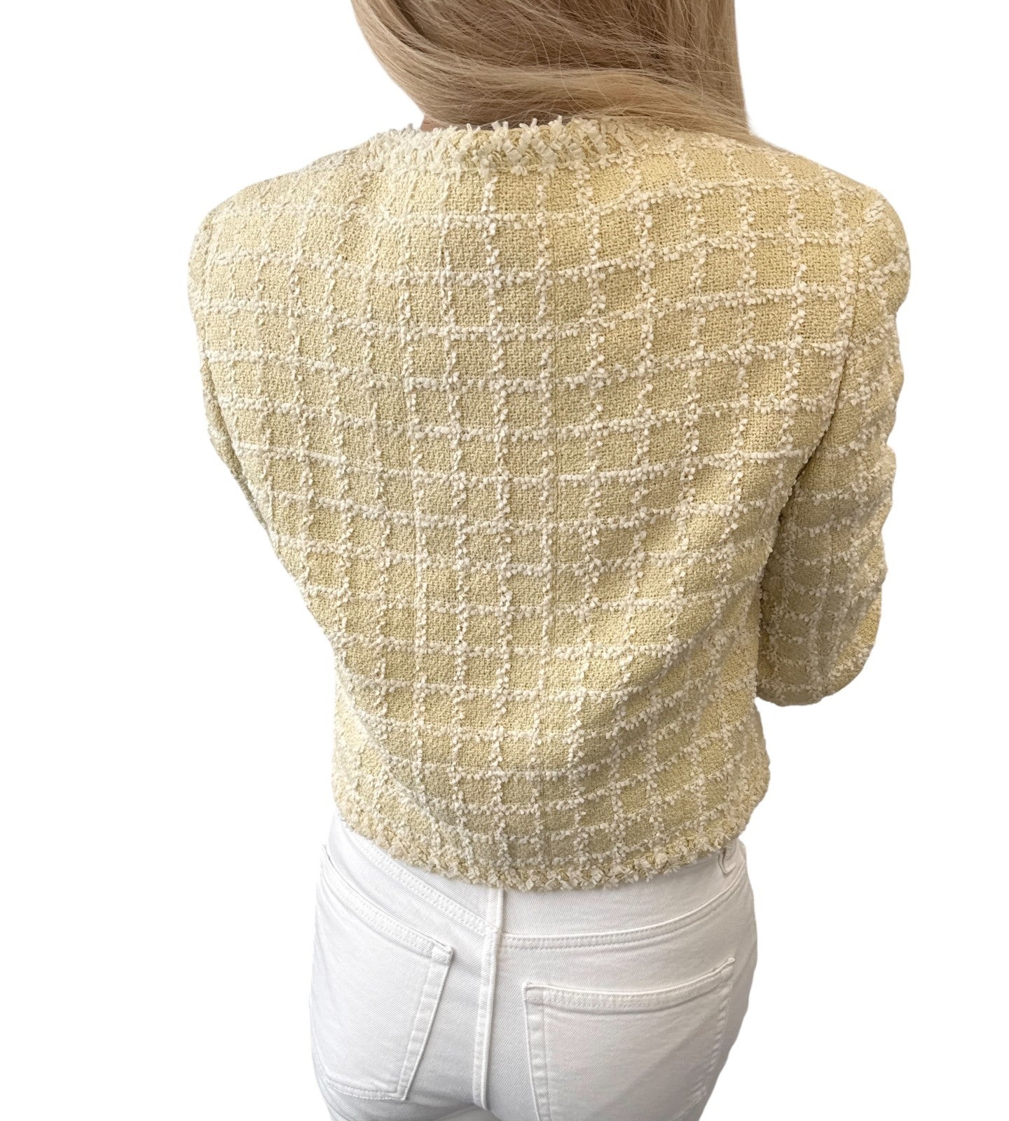 CHANEL Vintage 94P CC Mark Logo Tweed Jacket #38 Yellow White Cotton