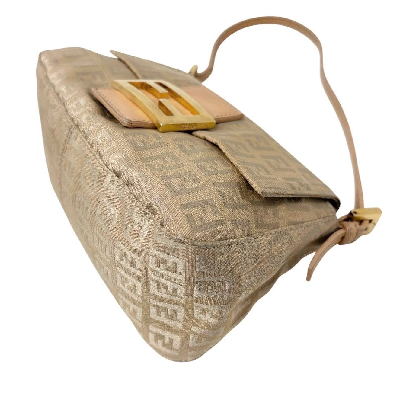 FENDI Vintage FF Logo Zucchino Mamma Baguette Shoulder Bag Beige Gold