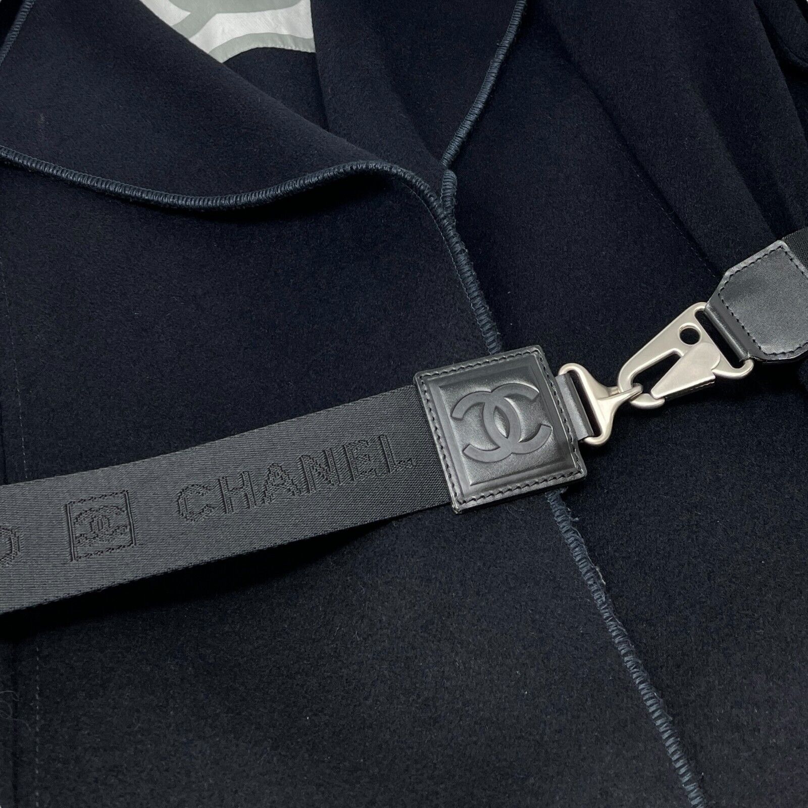 CHANEL Sport Vintage 04A CC Mark Logo Coat Jacket #36 Belt Black Silver Wool