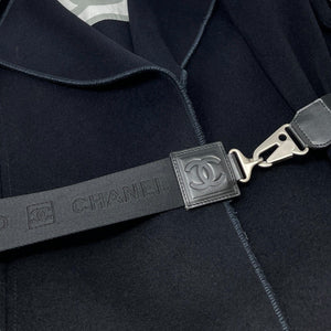 CHANEL Sport Vintage 04A CC Mark Logo Coat Jacket #36 Belt Black Silver Wool