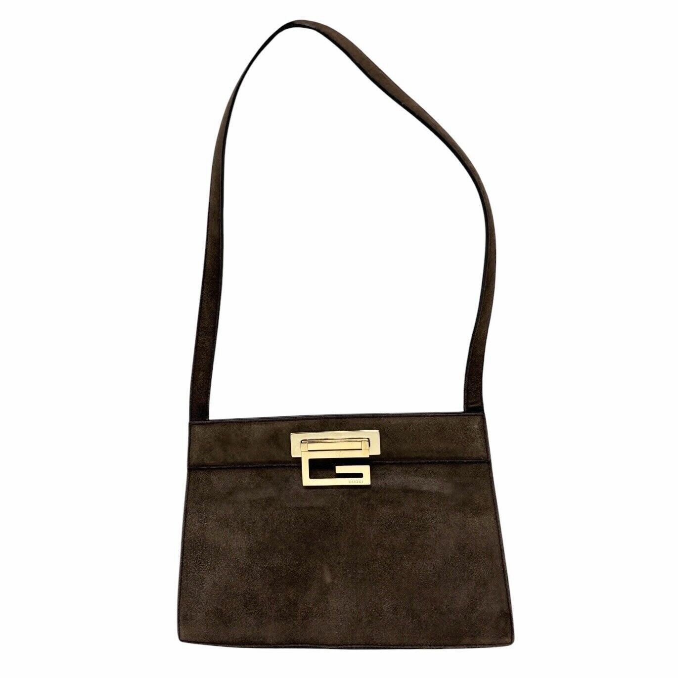GUCCI Vintage G Square Logo Small Shoulder Bag Brown Gold Suede Leather