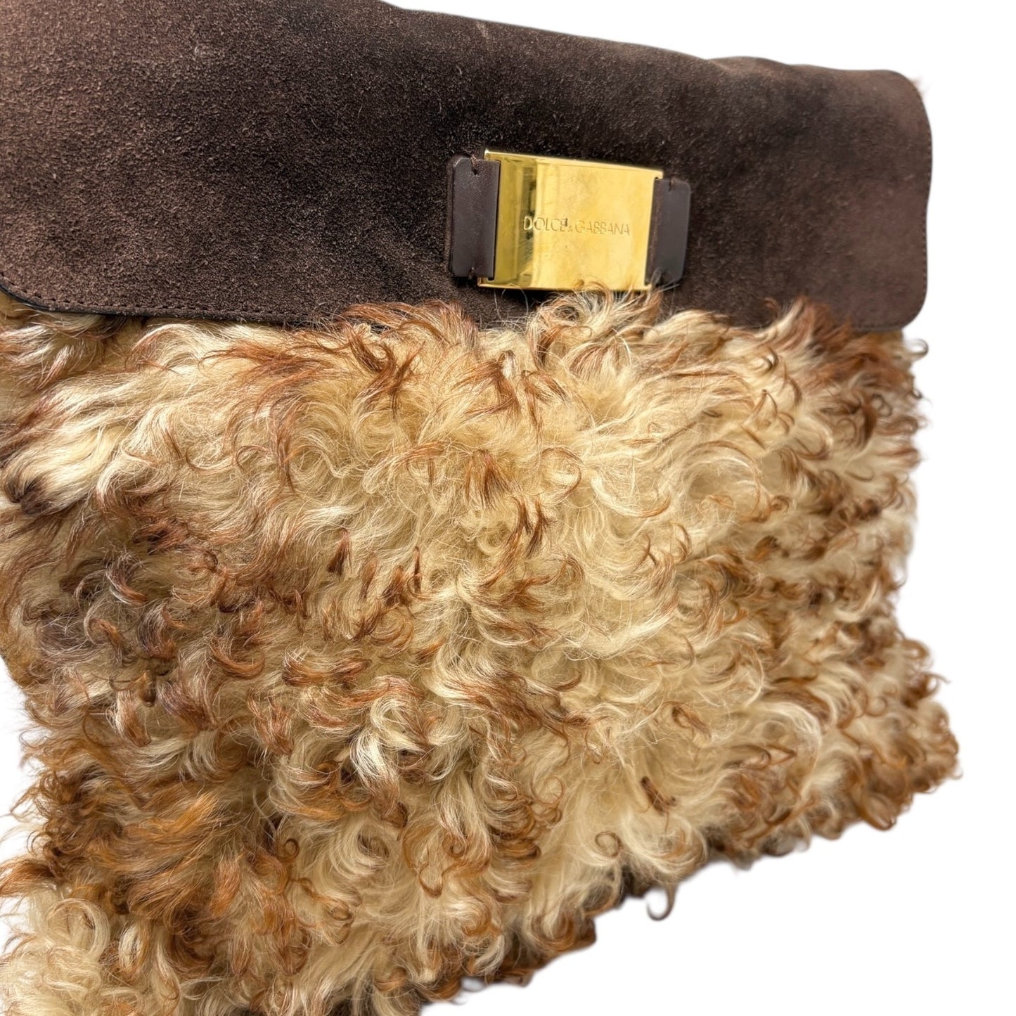 DOLCE&GABBANA Vintage Curly Lamb Shearling Suede Shoulder Bag Brown Beige Fur