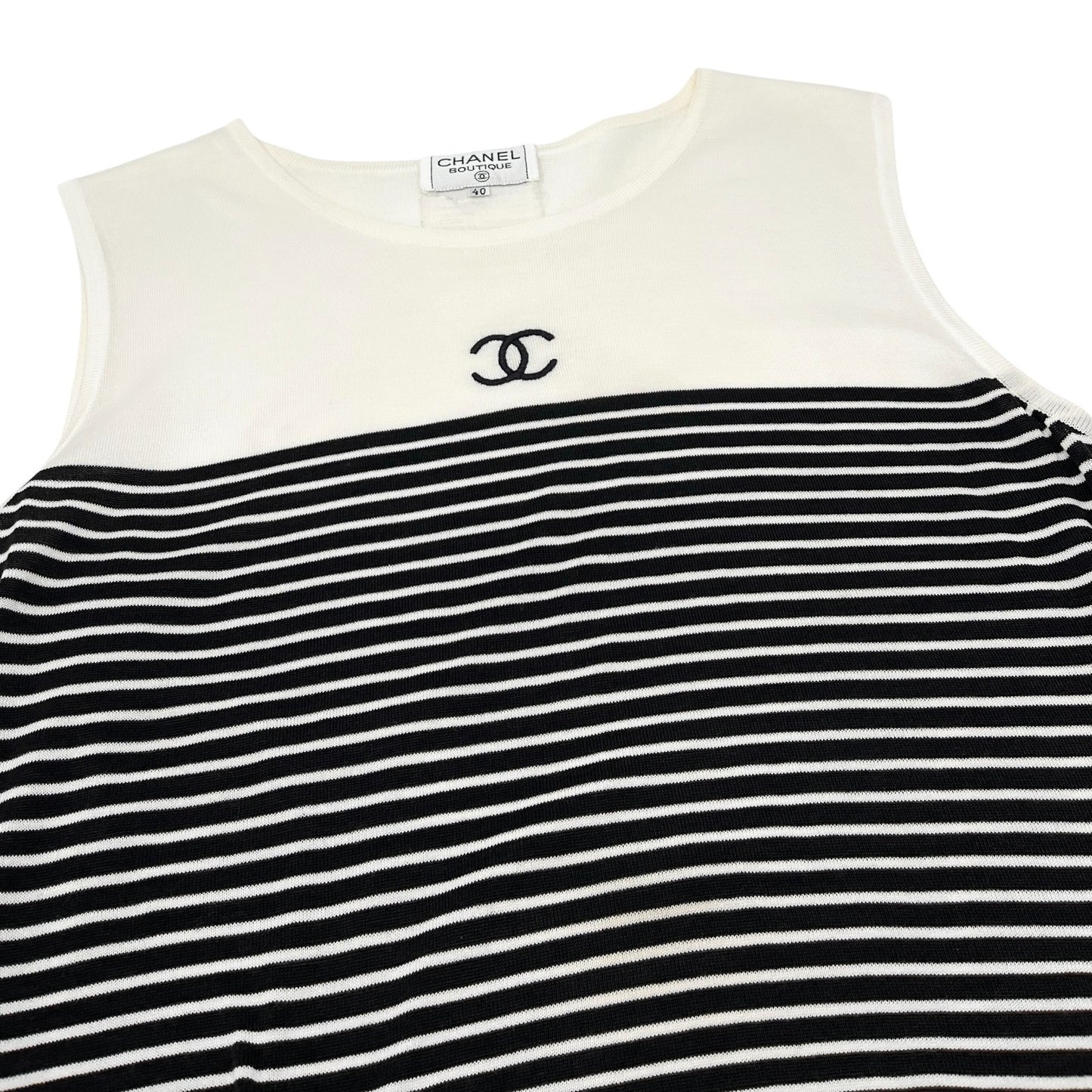 CHANEL Vintage CC Logo Stripe Knit Tank Top #40 Bicolor White Black Cotton