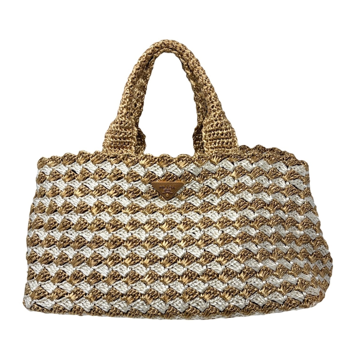 PRADA Vintage Triangle Logo Raffia Canapa Tote Bag Beige White Crochet