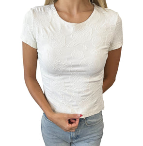 CHANEL Vintage CC Mark Logo Camellia Print T-shirt Short Sleeve Top White Nylon