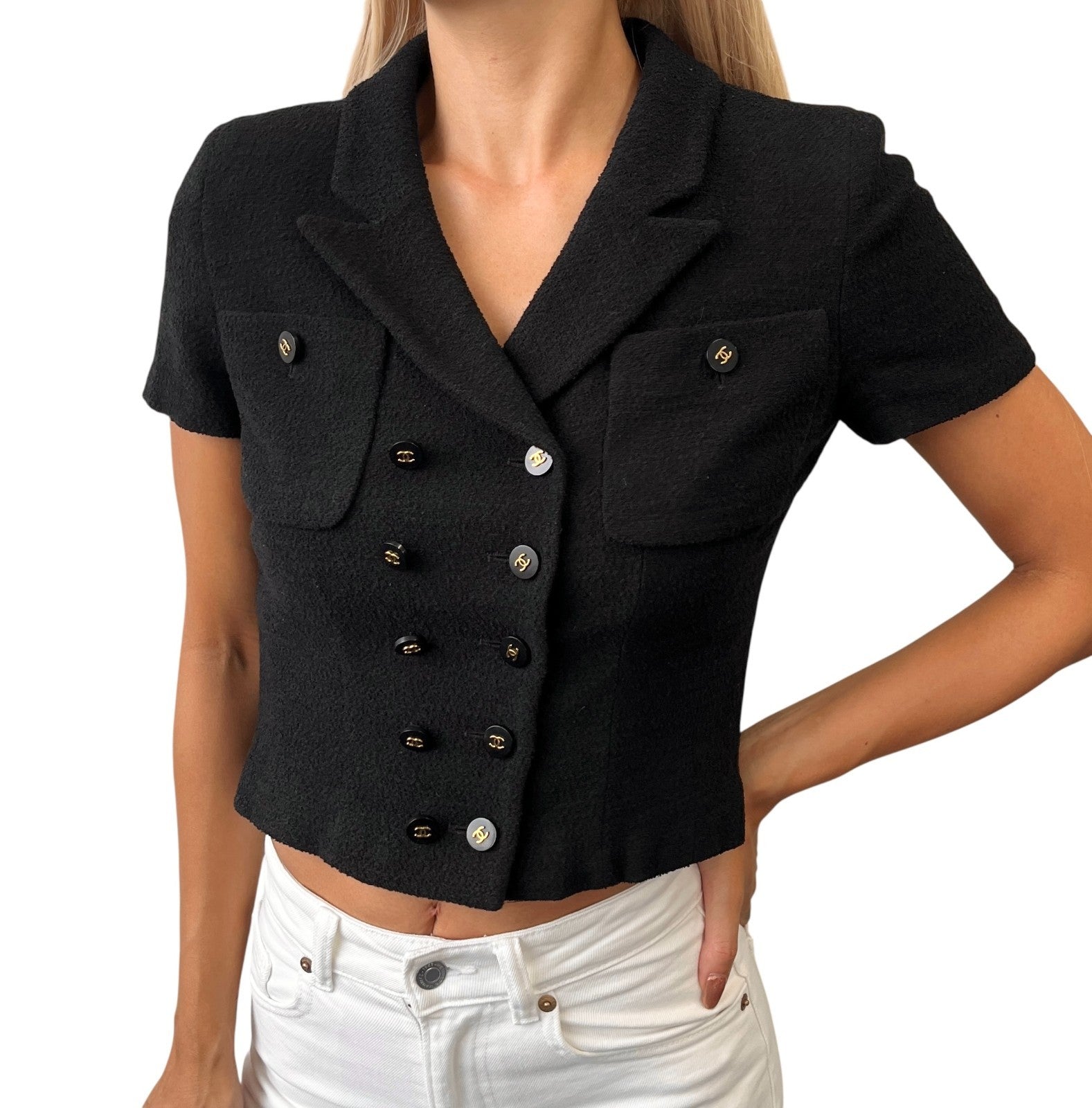 CHANEL Vintage 95P CC Mark Logo Cropped Jacket #36 Button Black Gold Wool