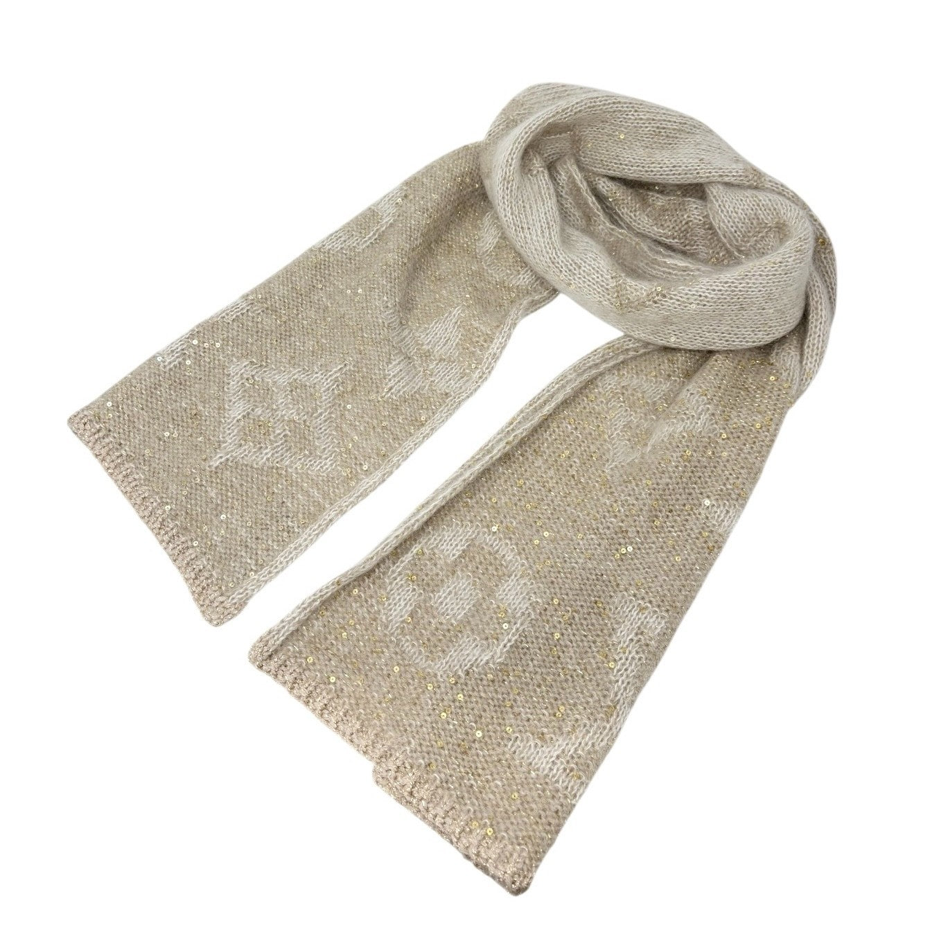 LOUIS VUITTON Vintage LV Monogram Knit Sequins Scarf Shawl Wrap Beige Mohair