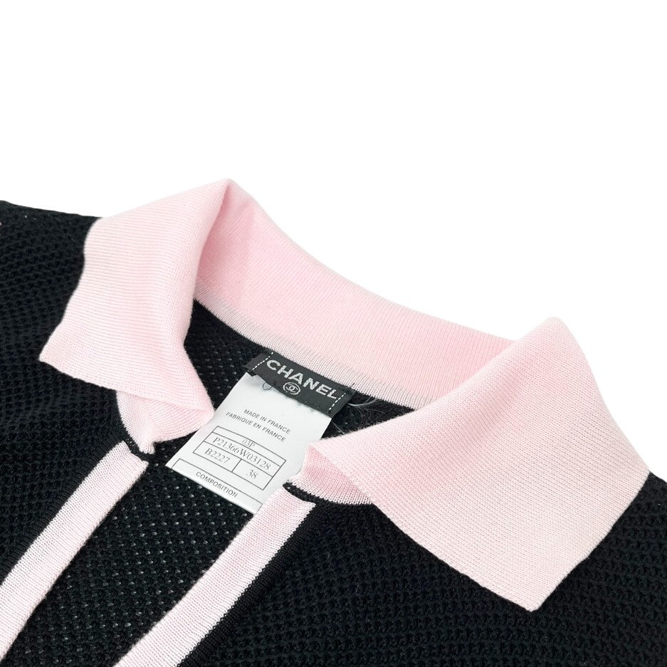 CHANEL Vintage 03P CC Logo Mesh Knit Tank Top #38 Black Pink Cotton Rank AB+