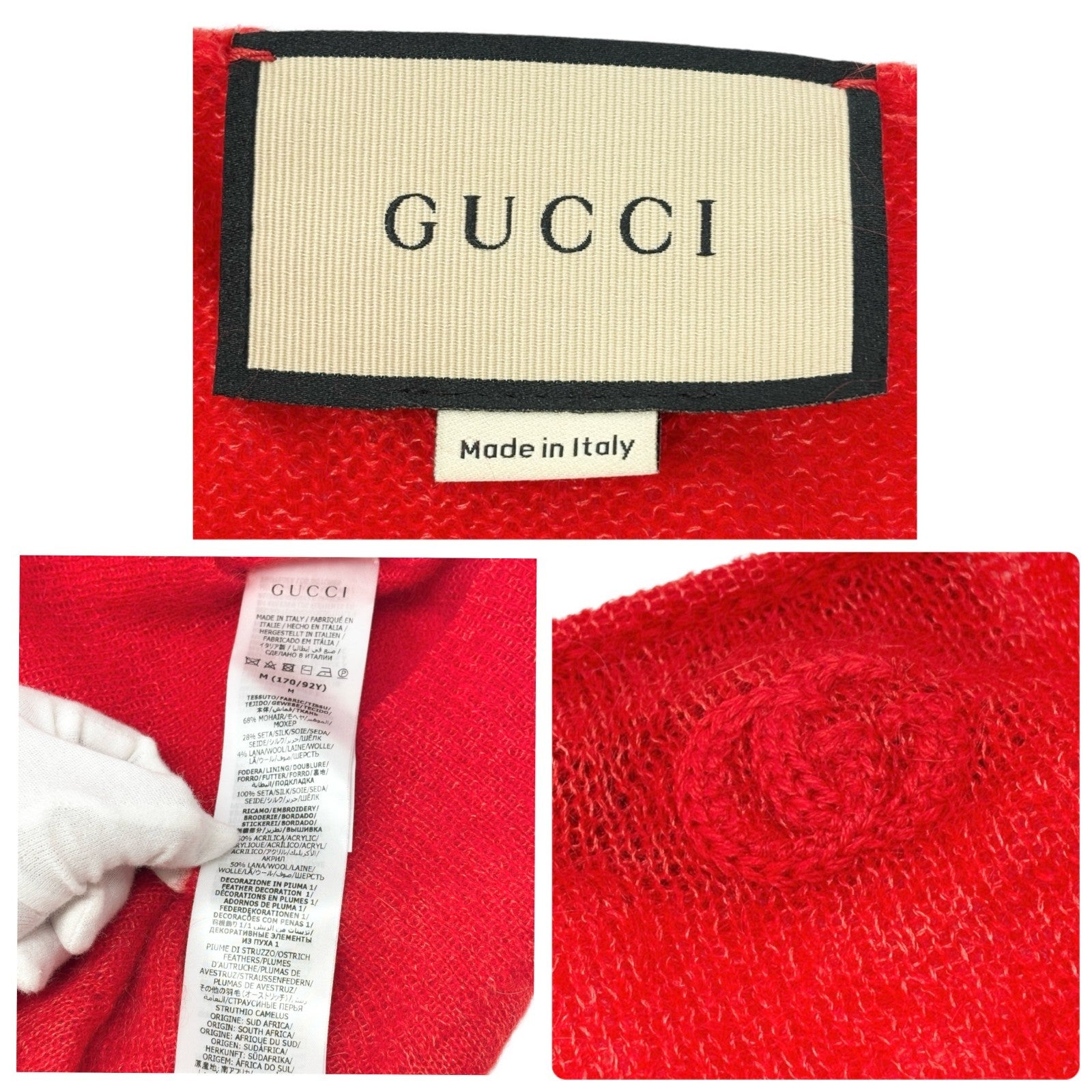 GUCCI Vintage Logo Feather Fur Trimmed Sweater Knit Top #M Red Mohair Silk Wool