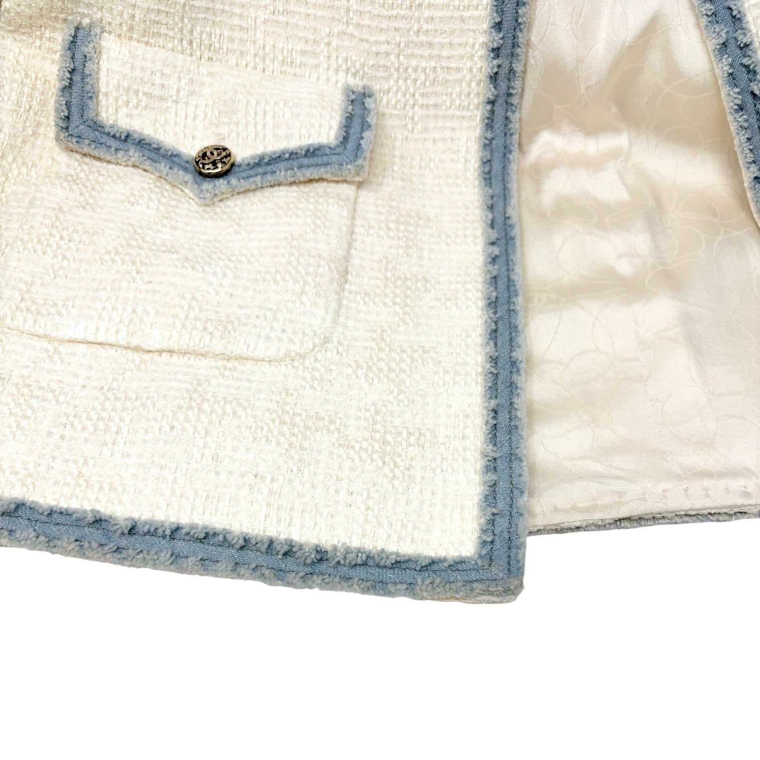 CHANEL Vintage 07P CC Logo Tweed Long Jacket Trim Denim #42 Blue White Button