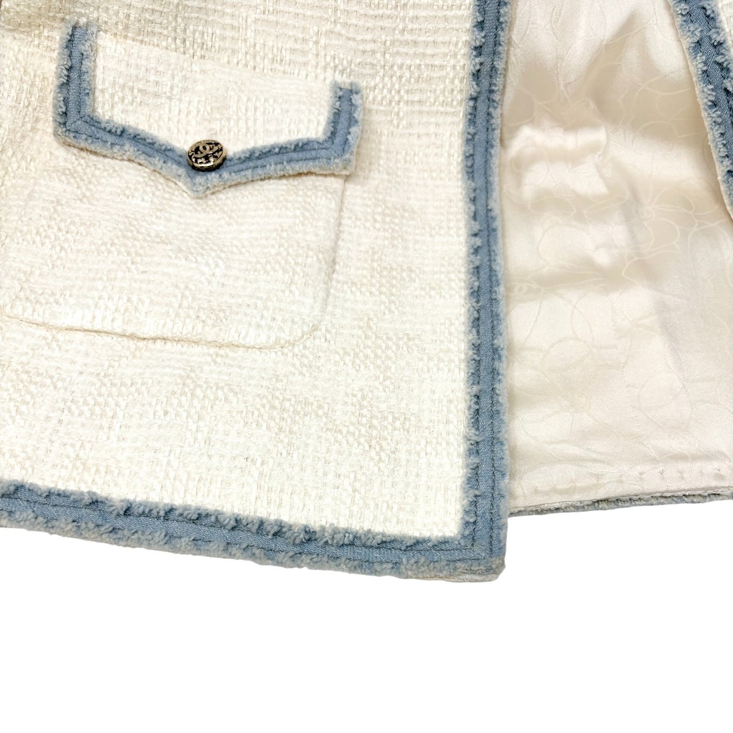 CHANEL Vintage 07P CC Logo Tweed Long Jacket Trim Denim #42 Blue White Button