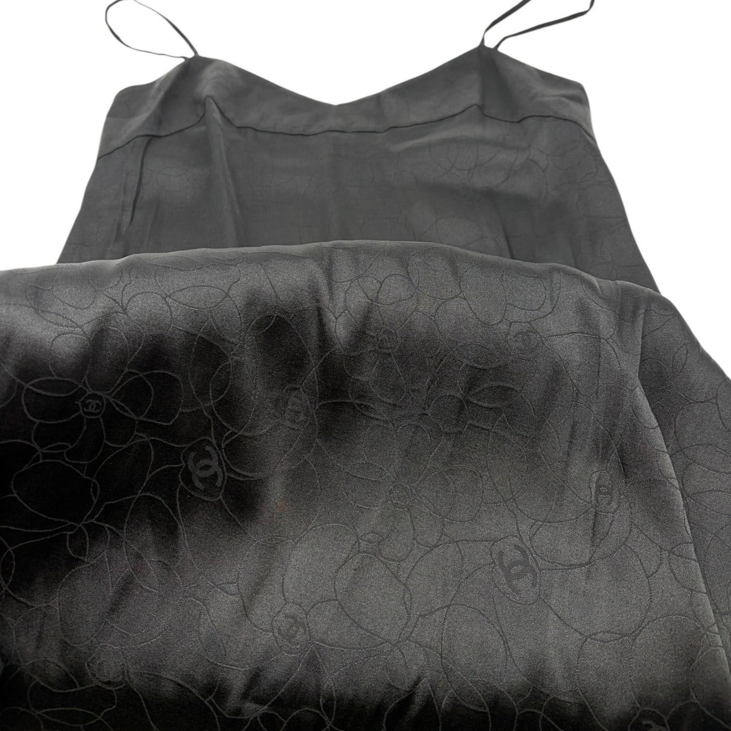 CHANEL Vintage 01P CC Logo Dress One-piece #38 Flower Camellia Button Black Silk