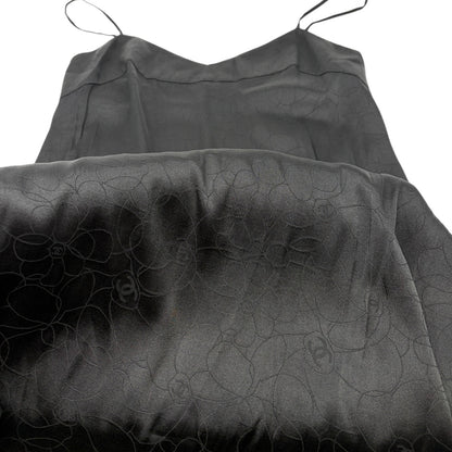 CHANEL Vintage 01P CC Logo Dress One-piece #38 Flower Camellia Button Black Silk