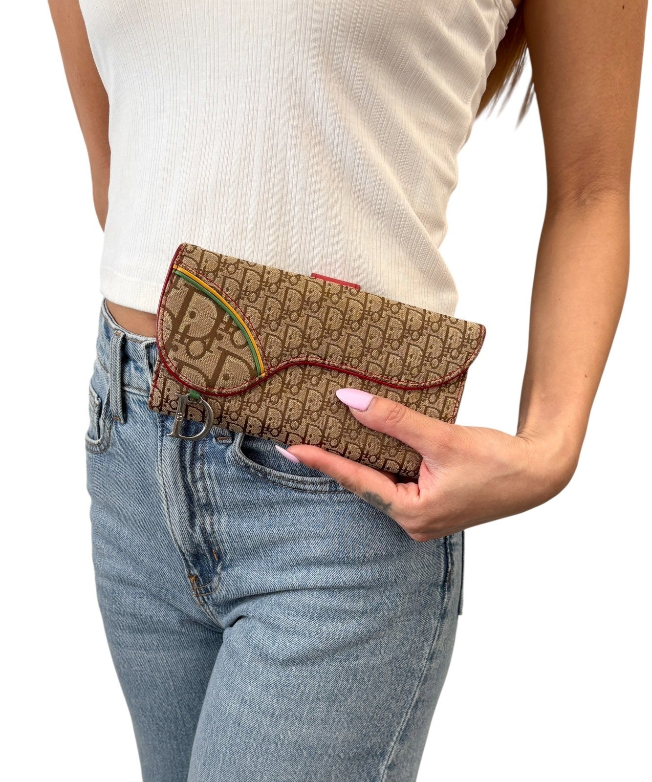 Christian Dior Vintage Trotter Monogram Rasta Color Canvas Saddle Wallet Beige
