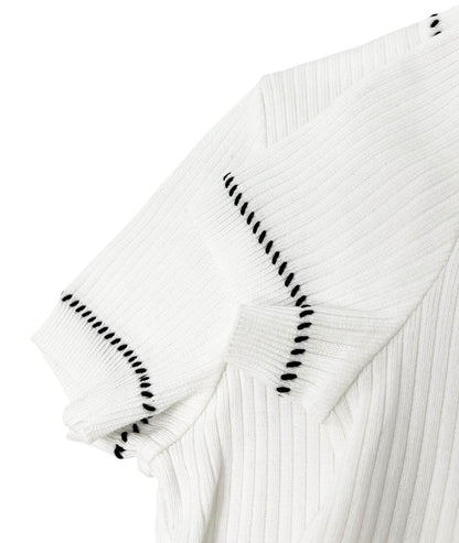 CHANEL Vintage 96P CC Rib Knit Top #38 Stitch Pullover White Black Cotton