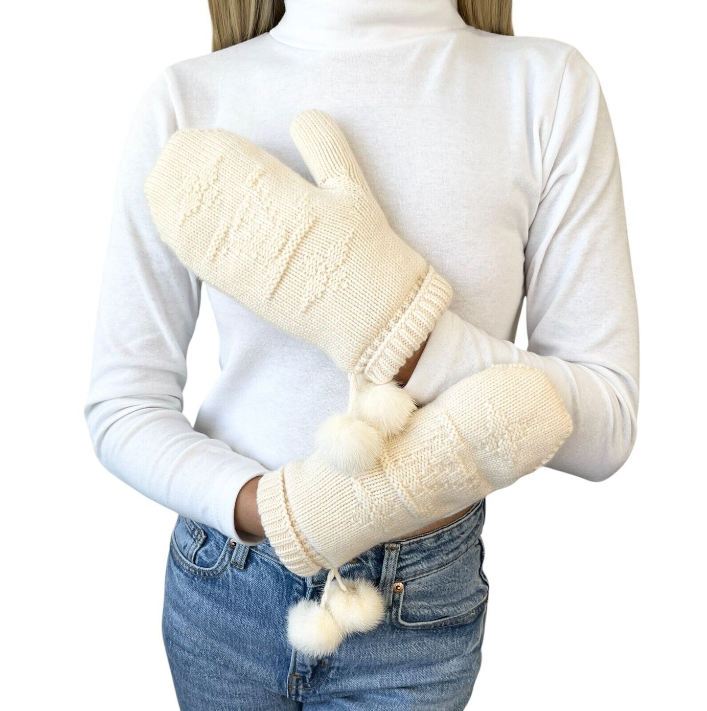 LOUIS VUITTON Vintage LV Logo Knit Gloves Mink Pompons Cream Cashmere
