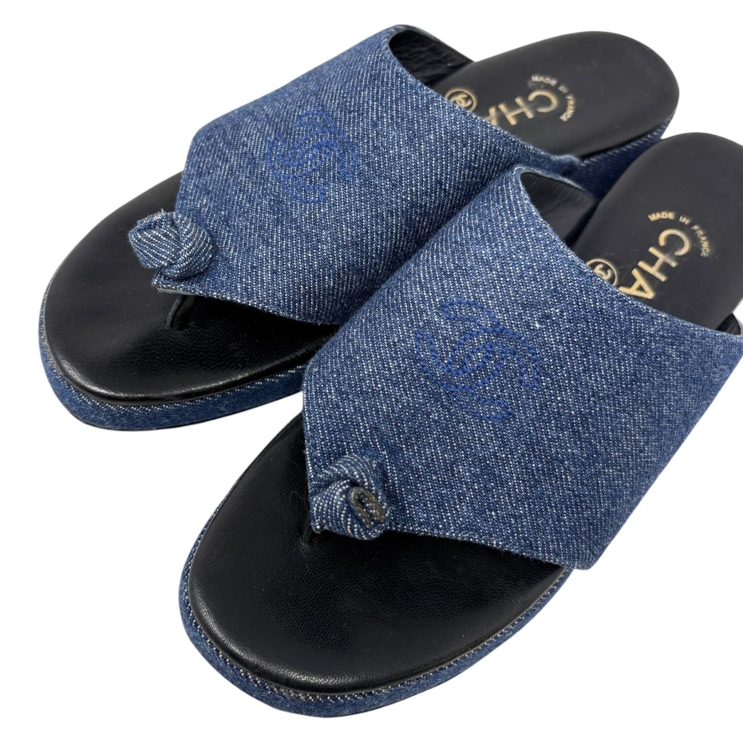 CHANEL Vintage CC Stitch Logo Thong Denim Sandals #37 Blue Black Leather