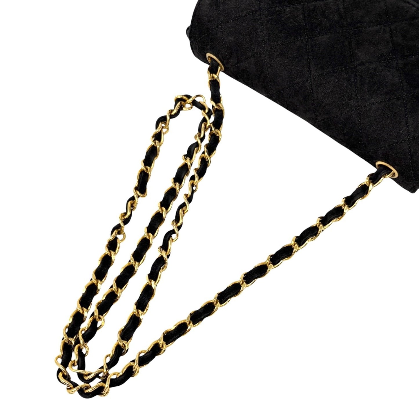 CHANEL Vintage CC Quilted Chain Crossbody Shoulder Bag Black Gold Suede 902220