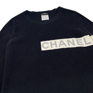 CHANEL Vintage 08P CC Mark Logo Ribbed Sweater Top #34 Cotton Black RankAB