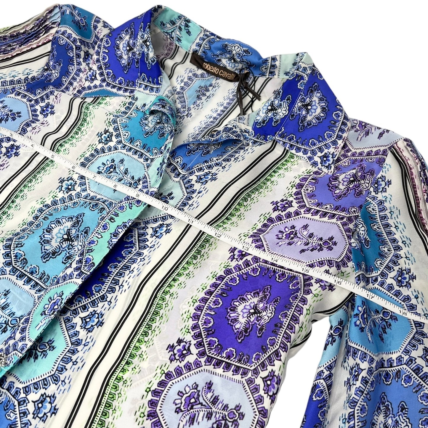 Roberto Cavalli Vintage Shirt Top #38 Rhinestone Button Blue Purple Silk RankAB