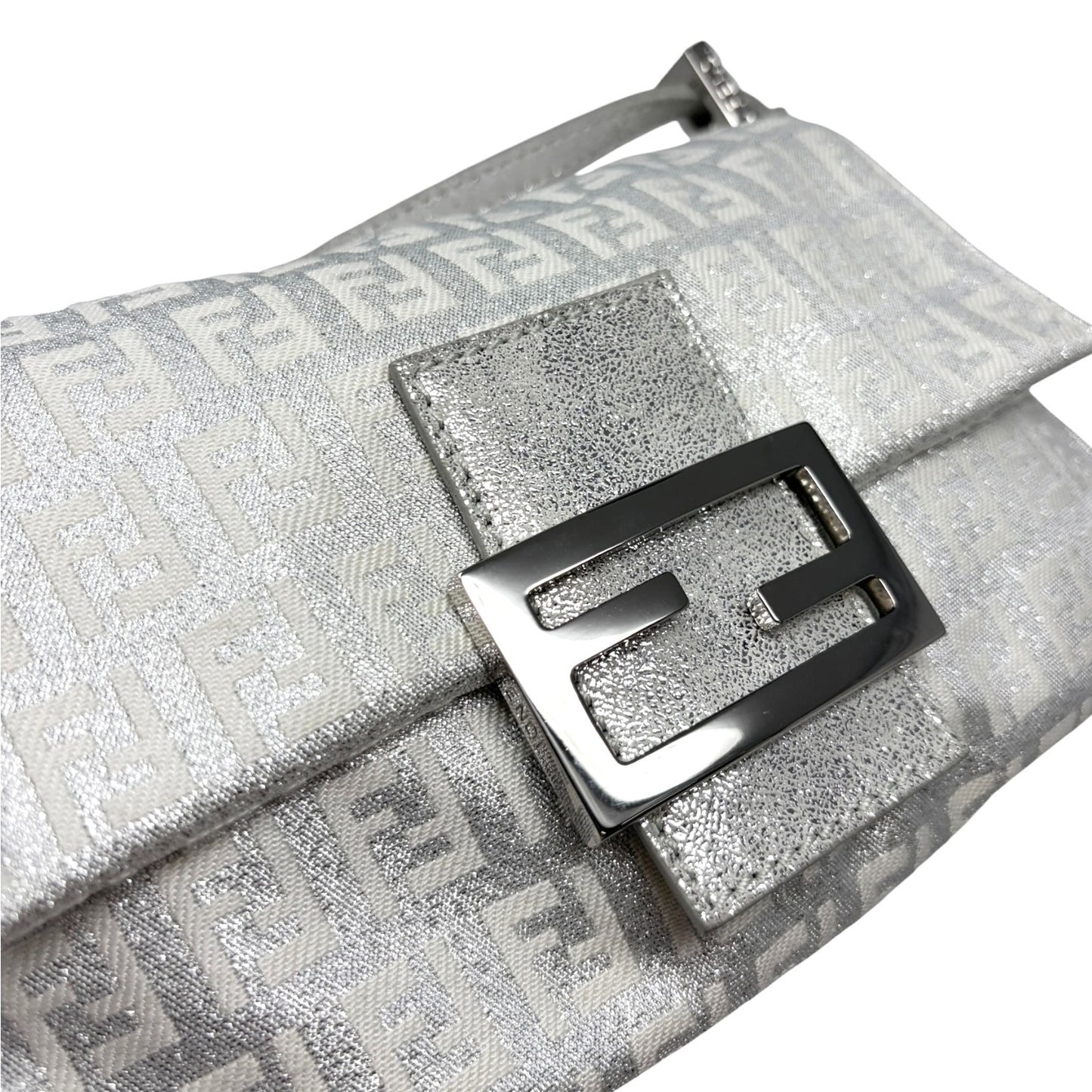FENDI Vintage FF Zucchino Mini Mamma Baguette Shoulder Bag White Silver 902293