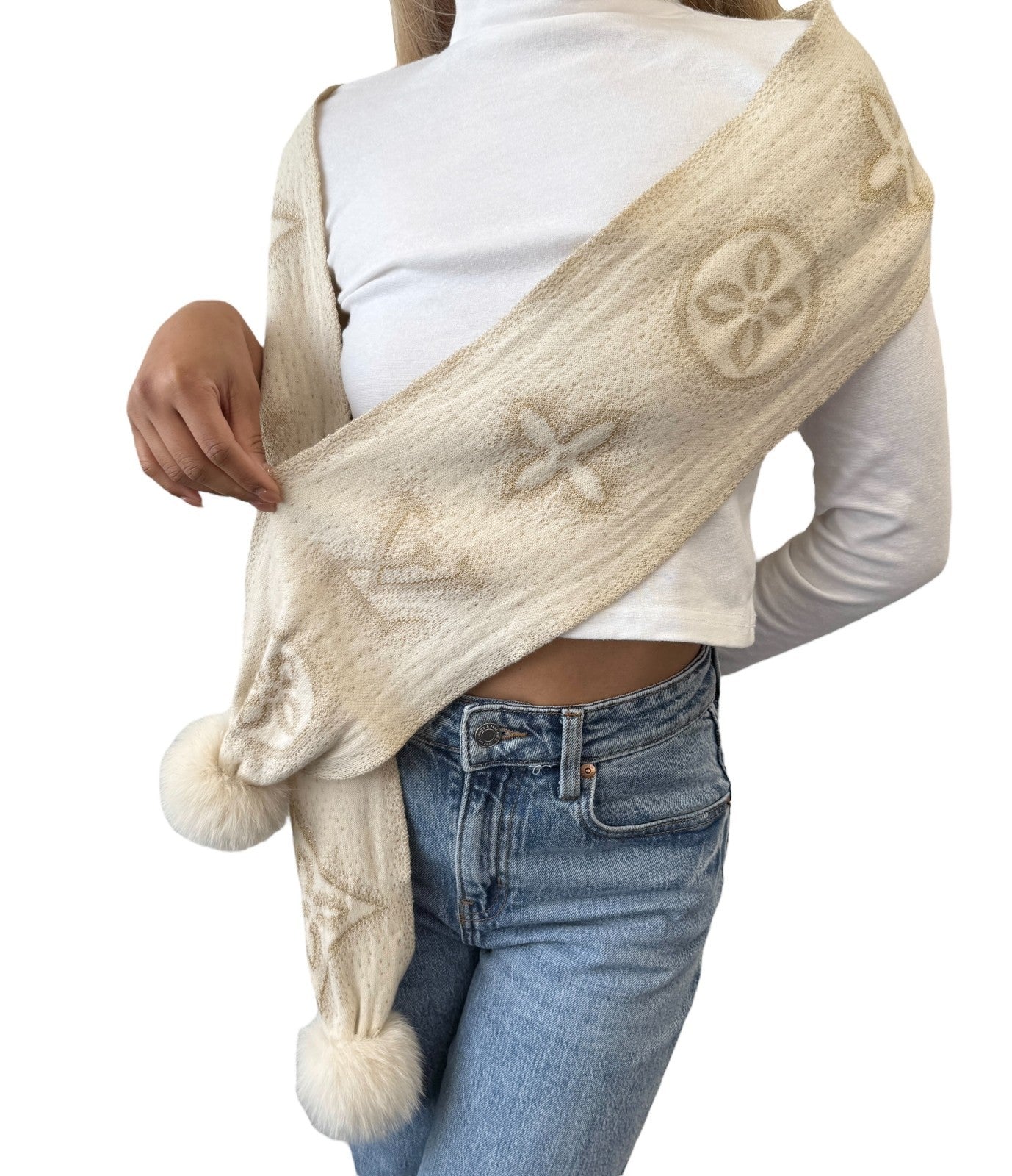 LOUIS VUITTON Vintage Monogram Shine Fox Fur Knit Scarf Shawl Cream Cashmere