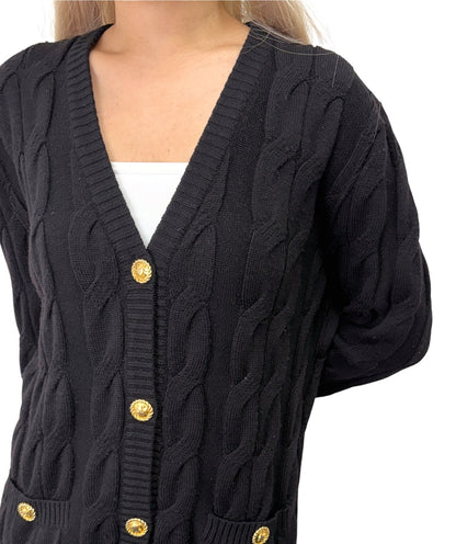 CELINE Vintage Logo Cable Knit Cardigan Top Button Black Gold 902914