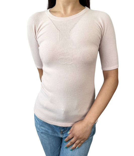 CHANEL Vintage 02A CC Mark Logo Knit T-shirt #38 Top Light Pink Cashmere Rank AB