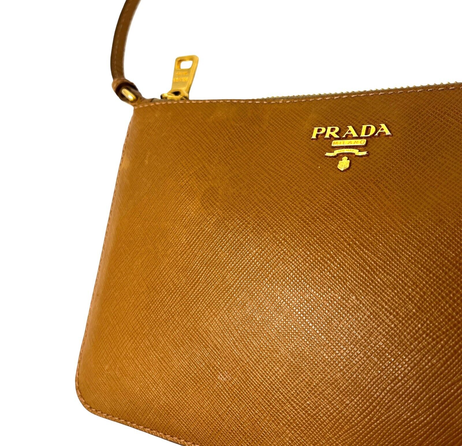 PRADA Vintage Logo Mini Shoulder Bag Zip Light Brown Gold Leather Rank AB