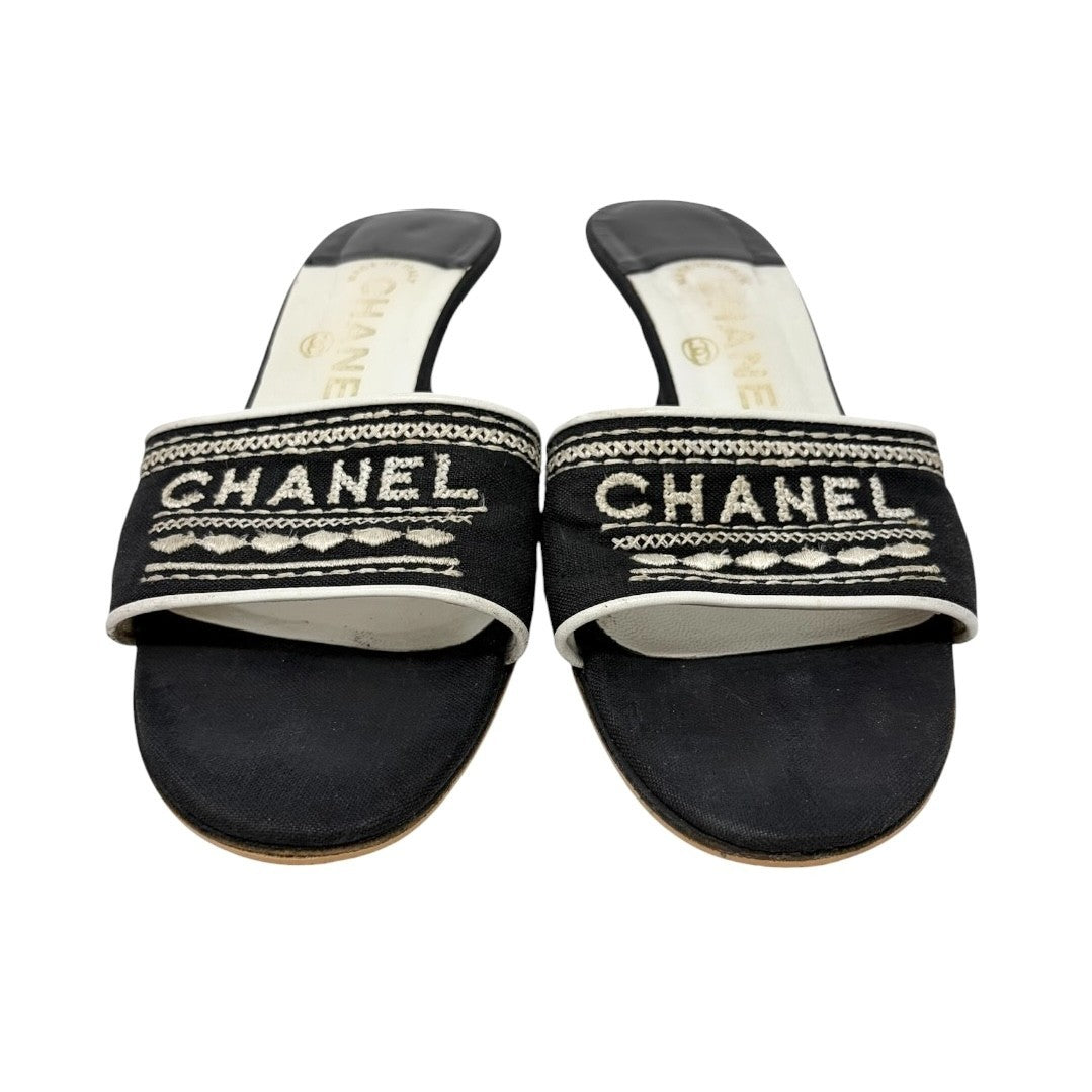 CHANEL Vintage CC Embroidery Logo Sandals Heels #36.5 Black White Canvas 902255