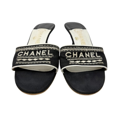 CHANEL Vintage CC Embroidery Logo Sandals Heels #36.5 Black White Canvas 902255