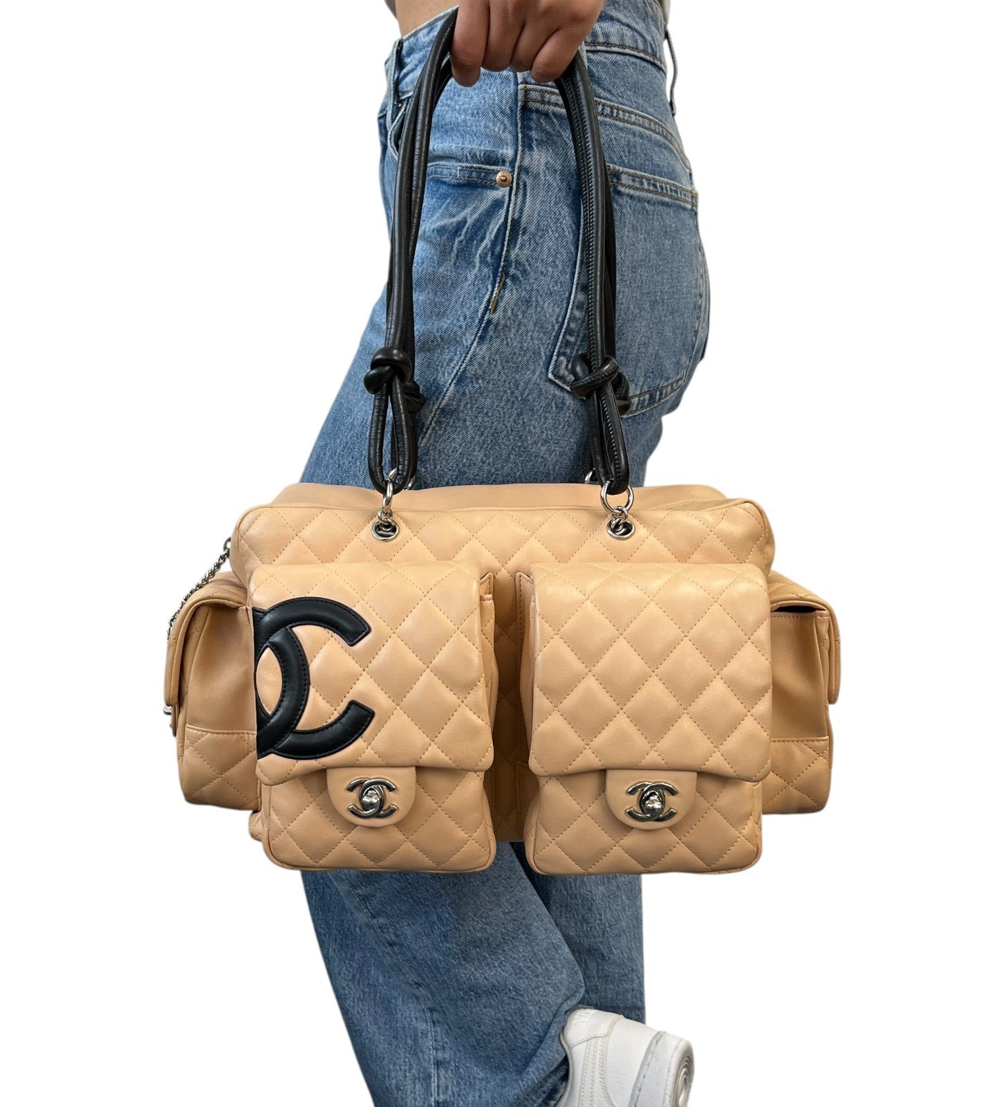 CHANEL Vintage Cambon Line CC Logo Quilted Shoulder Bag Beige Black Leather