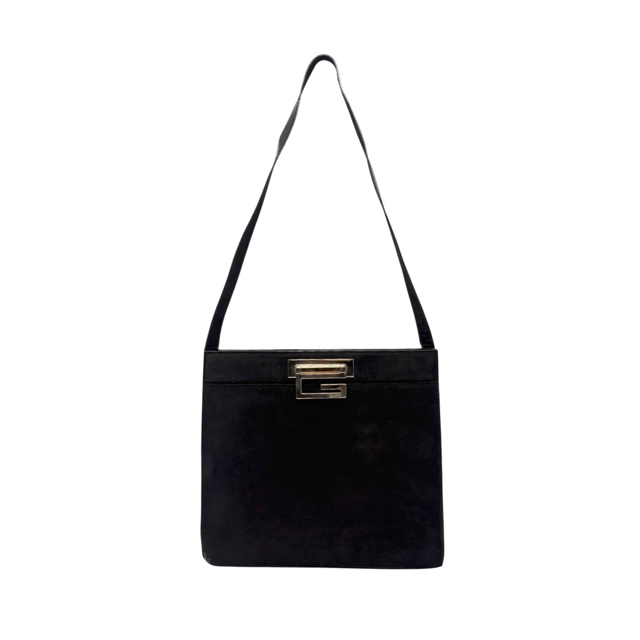 GUCCI Vintage G Square Logo Shoulder Bag Handbag Black Gold Suede Leather