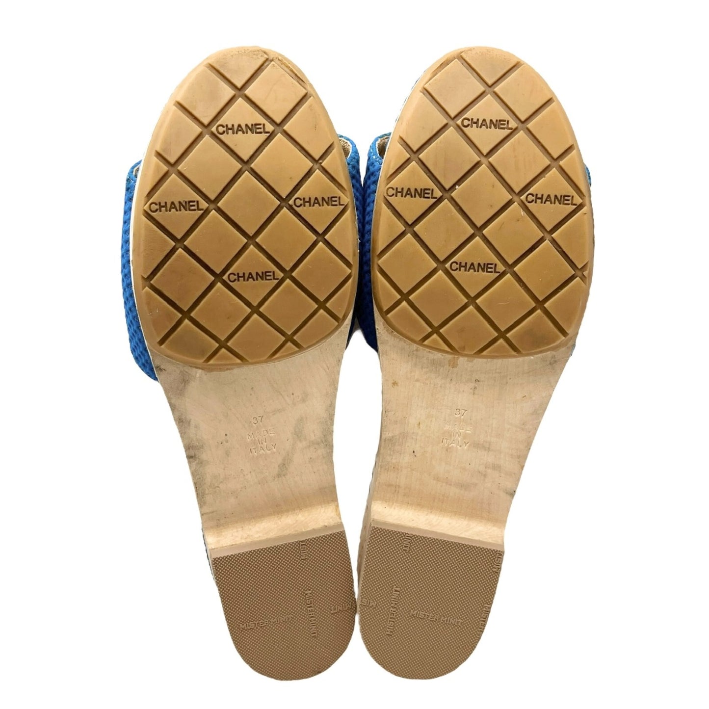 CHANEL Vintage CC Mark Logo Sandals #36.5-37 Mesh Blue White Cotton Leather