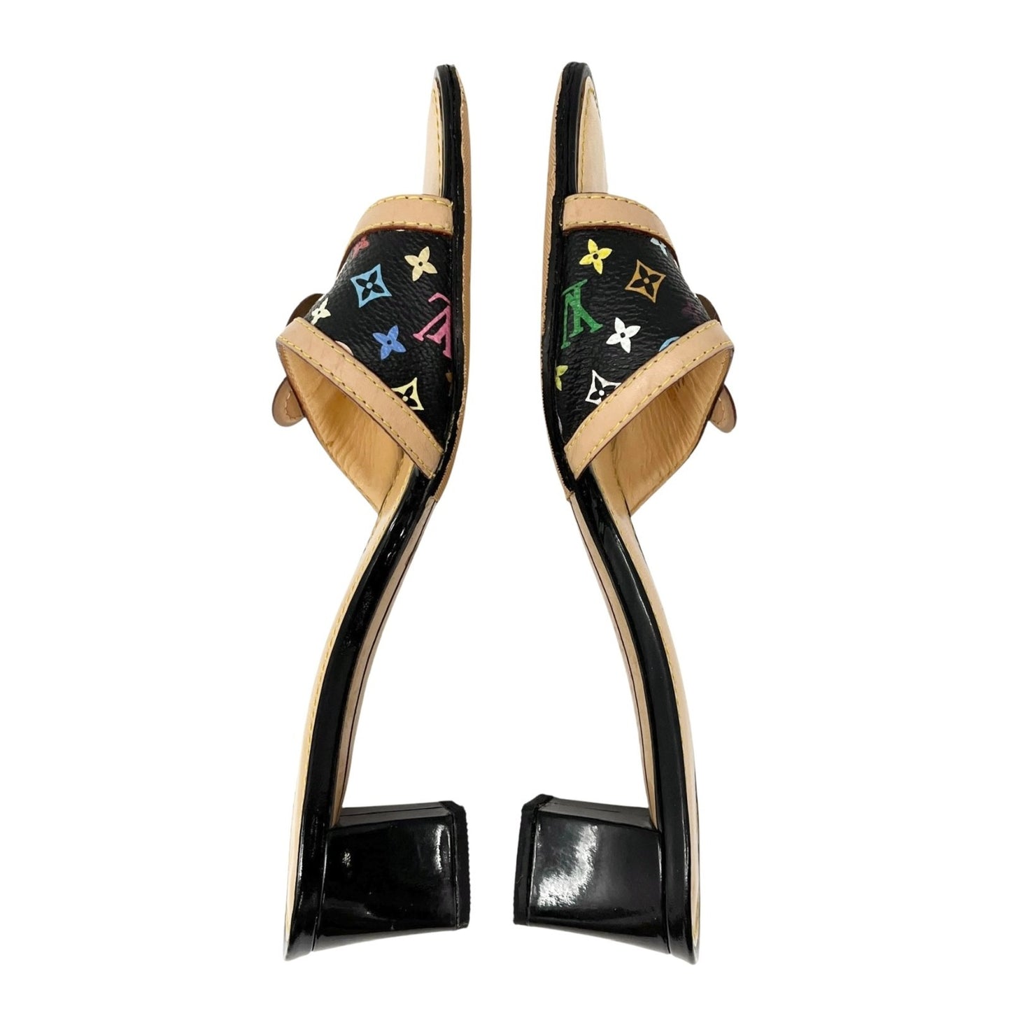 LOUIS VUITTON Vintage Multicolor Monogram Sandals Heels #36.5 Flower Black Beige